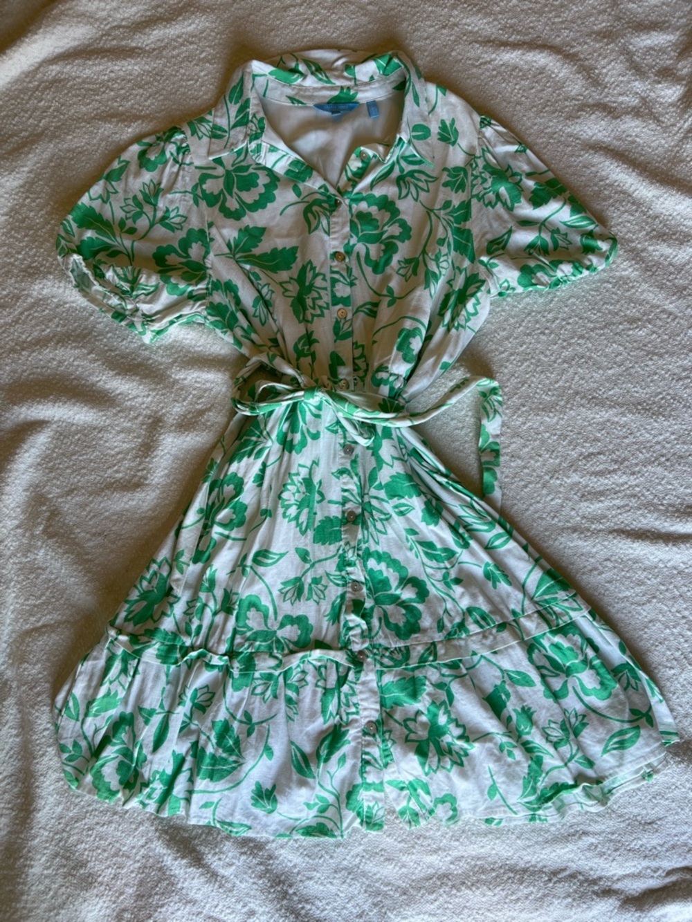 Draper James RSVP Green Floral Puff Sleeve Shirt Dress Large Belted